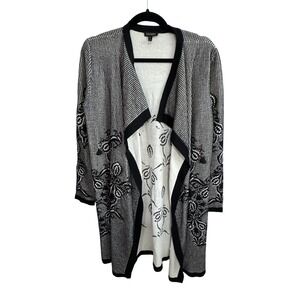 Escada Black and White Knit Open Front Embroidered Cardigan Size M
